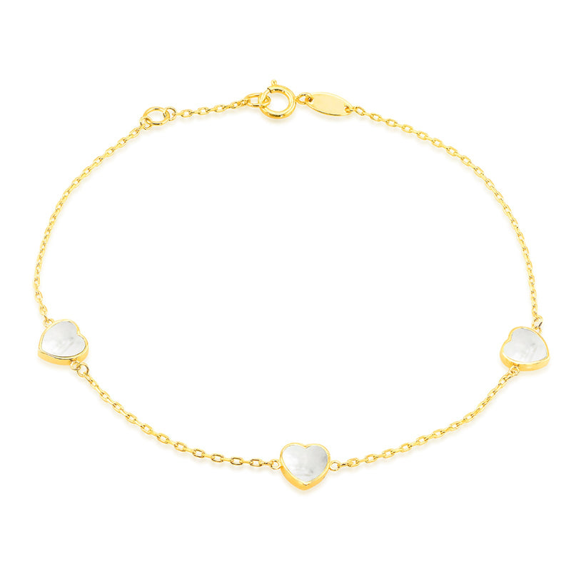 9ct Yellow Gold Mother of Pearl Heart Station Bracelet