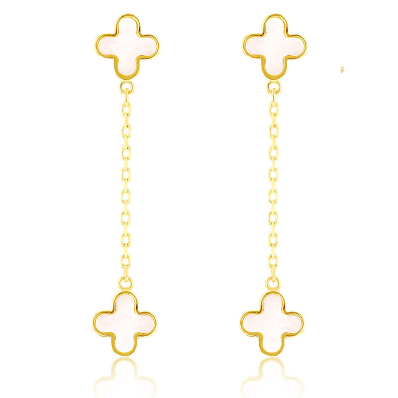 9ct Yellow Gold Mother of Pearl Clover Drop Earrings