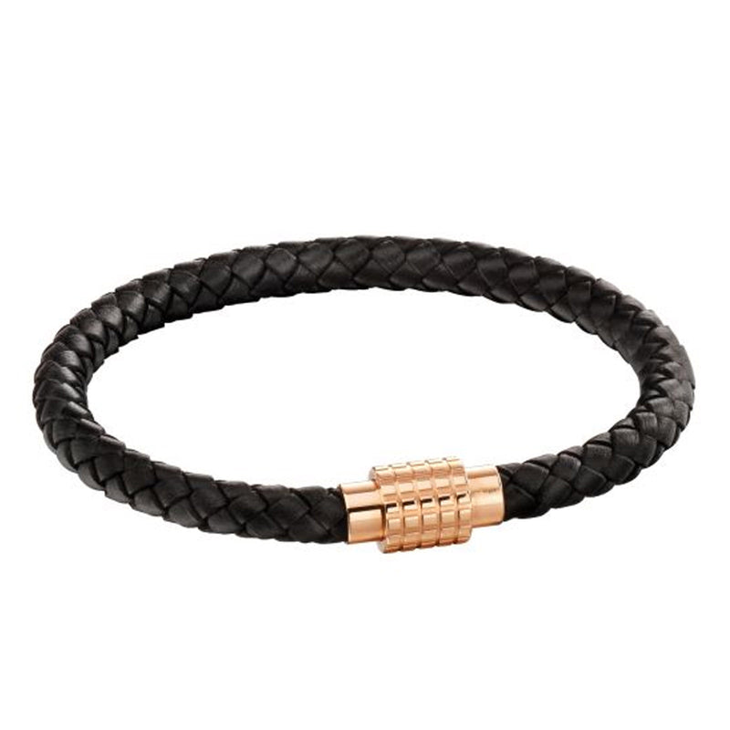 Fred Bennett Gents Rose Gold Plated Black Leather Bracelet  B5131