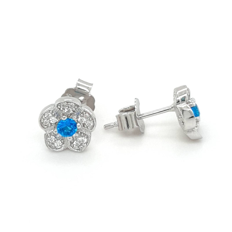 SIL BLUE/WHITE CZ FLOWER STUD