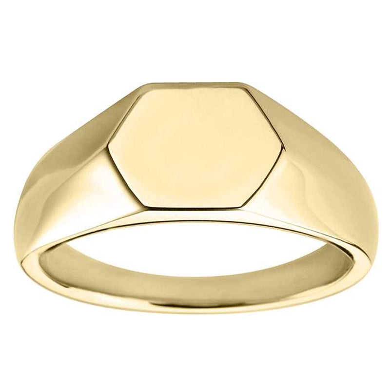 9CT YELLOW GOLD HEXAGON SHAPED SIGNET RING.